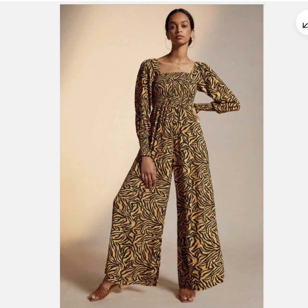 Anthropologie x Kachel Tiger-Striped Wide Leg Jumpsuit Size 6 EUC Smocked